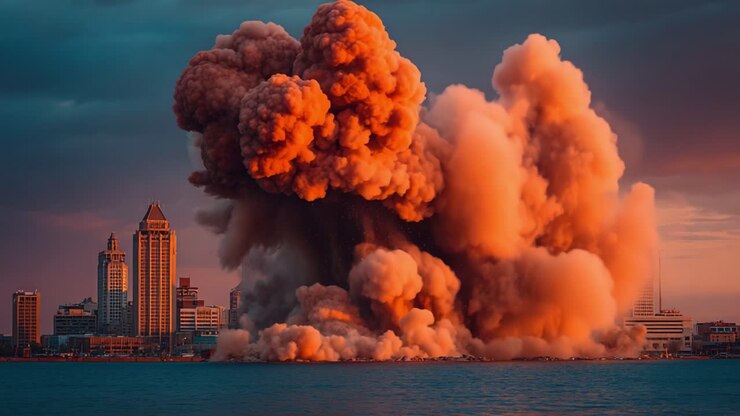 Dramatic Explosion in Urban Landscape: Witness the awe-inspiring spectacle of a colossal cloud of dust and debris as it engulfs the skyline, transforming the tranquil waterscape into chaos