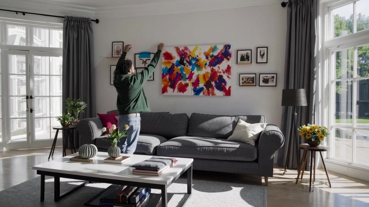 Junger Mann dekoriert Wohnzimmer und richtet Wandkunst aus