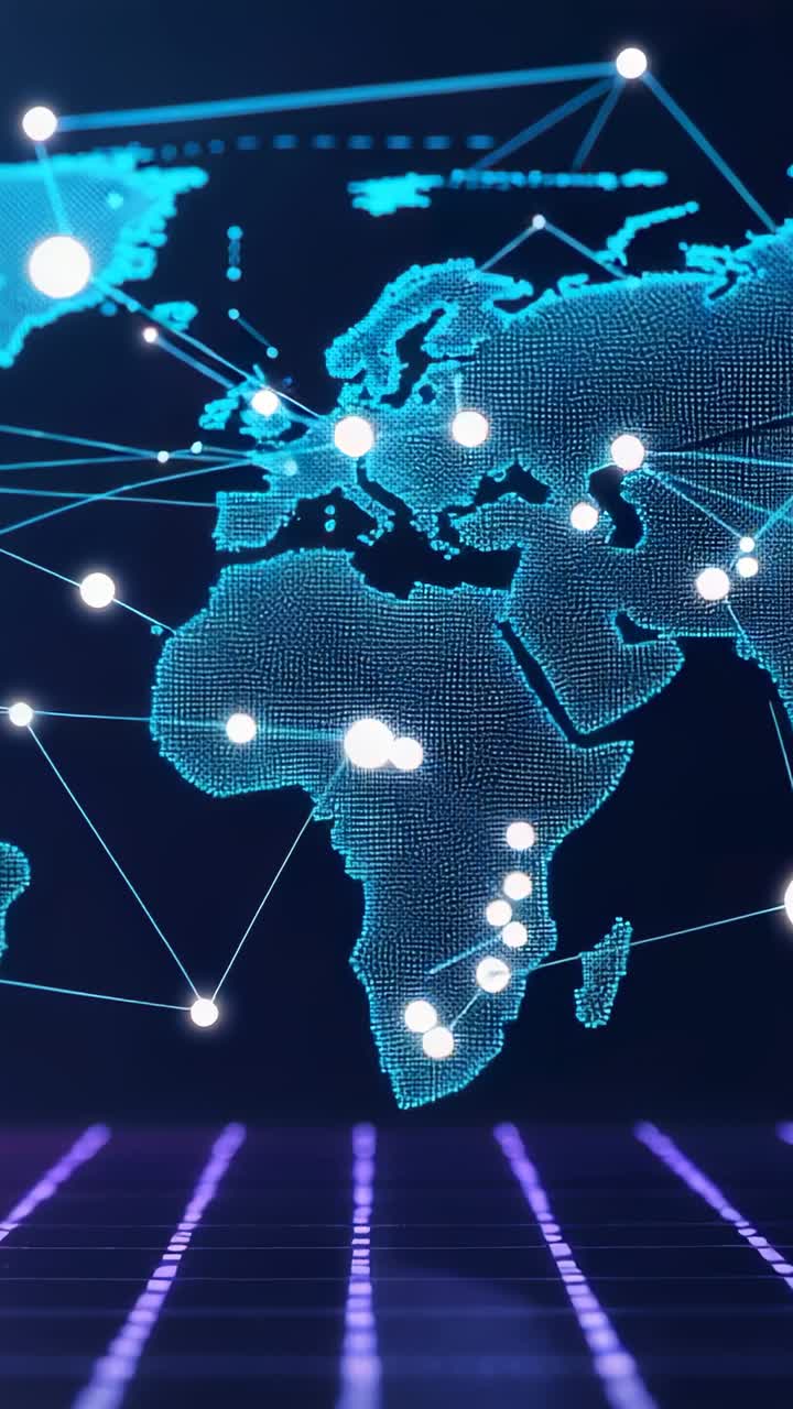 Vertical video: Lighting Europe-Africa map pulsing nodes linking lines over purple grid, data flow