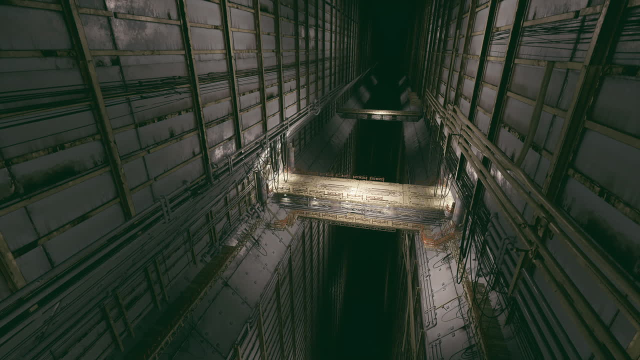 Salita nell'oscurità: tunnel verticale con passerelle e cavi fragili