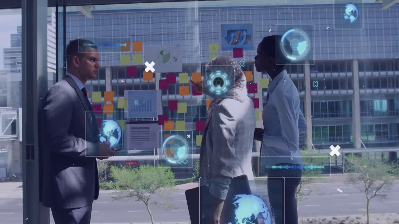 Animation of data processing over diverse business people in office