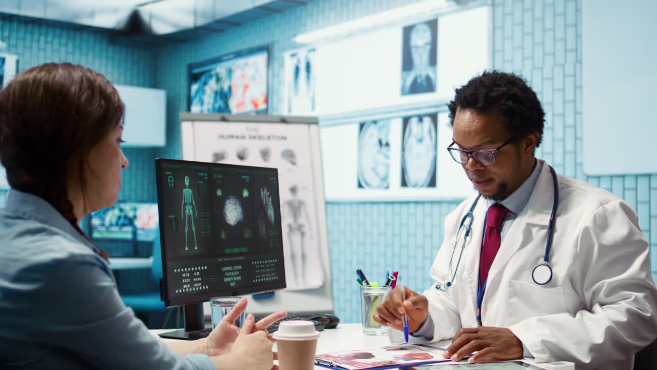 Professional medic analyzing x ray imaging and test findings in office