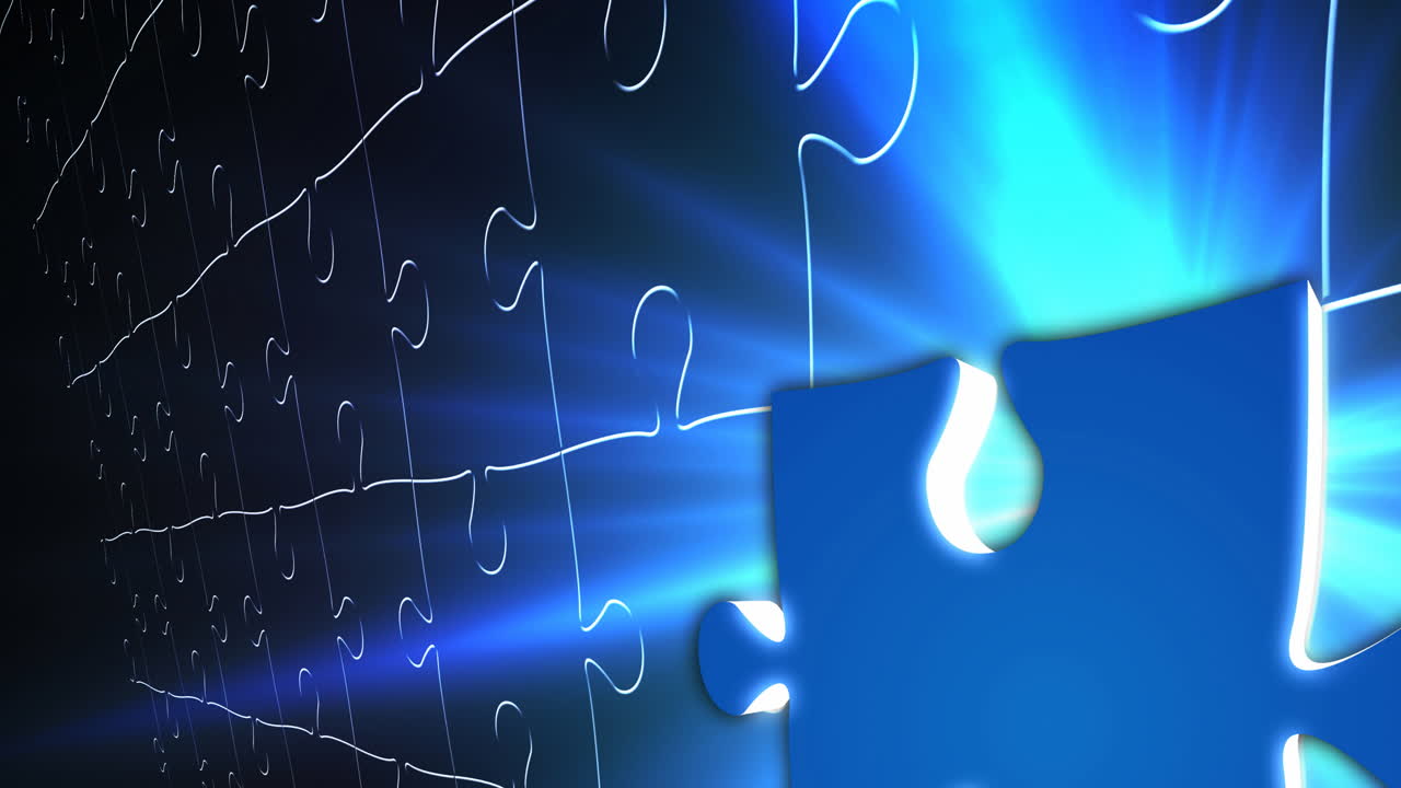 animación de piezas azules del rompecabezas sobre senderos de luz azul