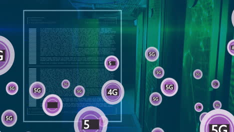 Animation-of-5g-text-in-circles,-data-over-connected-dots-on-data-server-racks-in-server-room