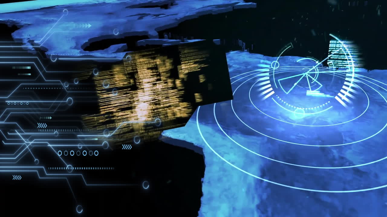 Satellite orbiting Earth with animation of digital data and radar interface