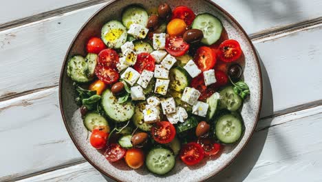 ensalada griega con queso feta, tomates, aceitunas y pepino