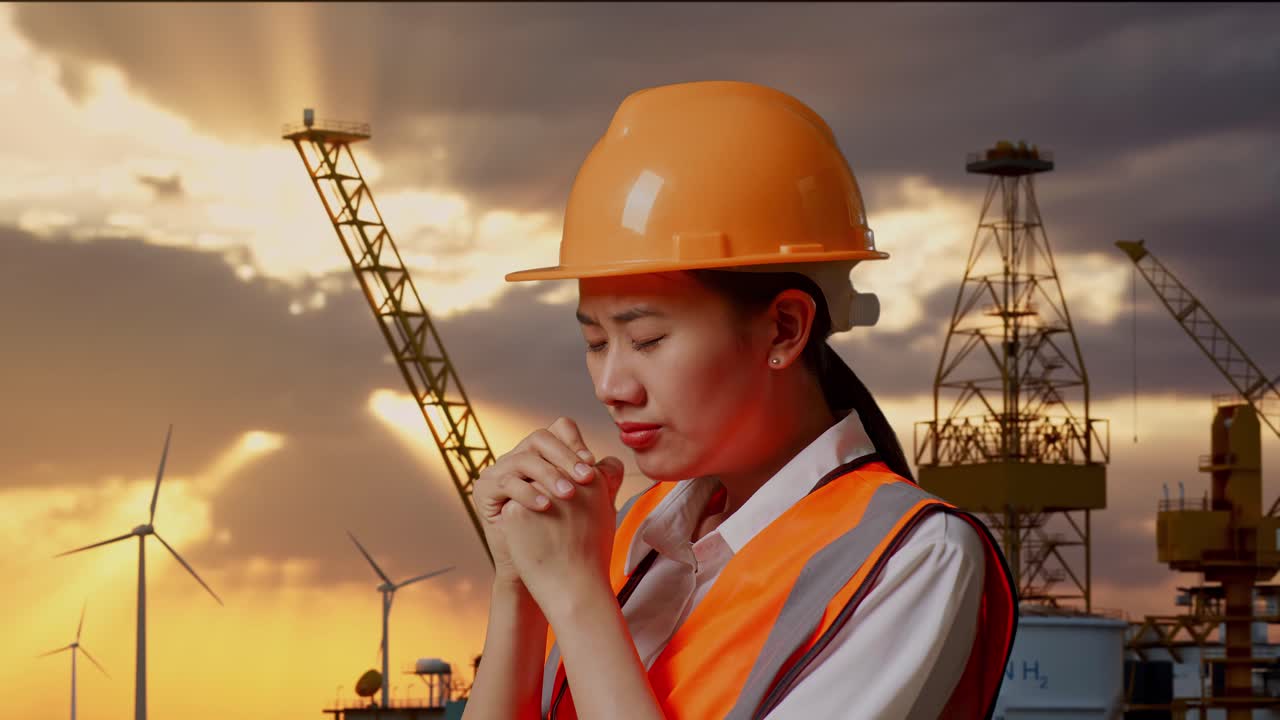 Praying Engineer at Sunset Oil Rig and Wind Farm