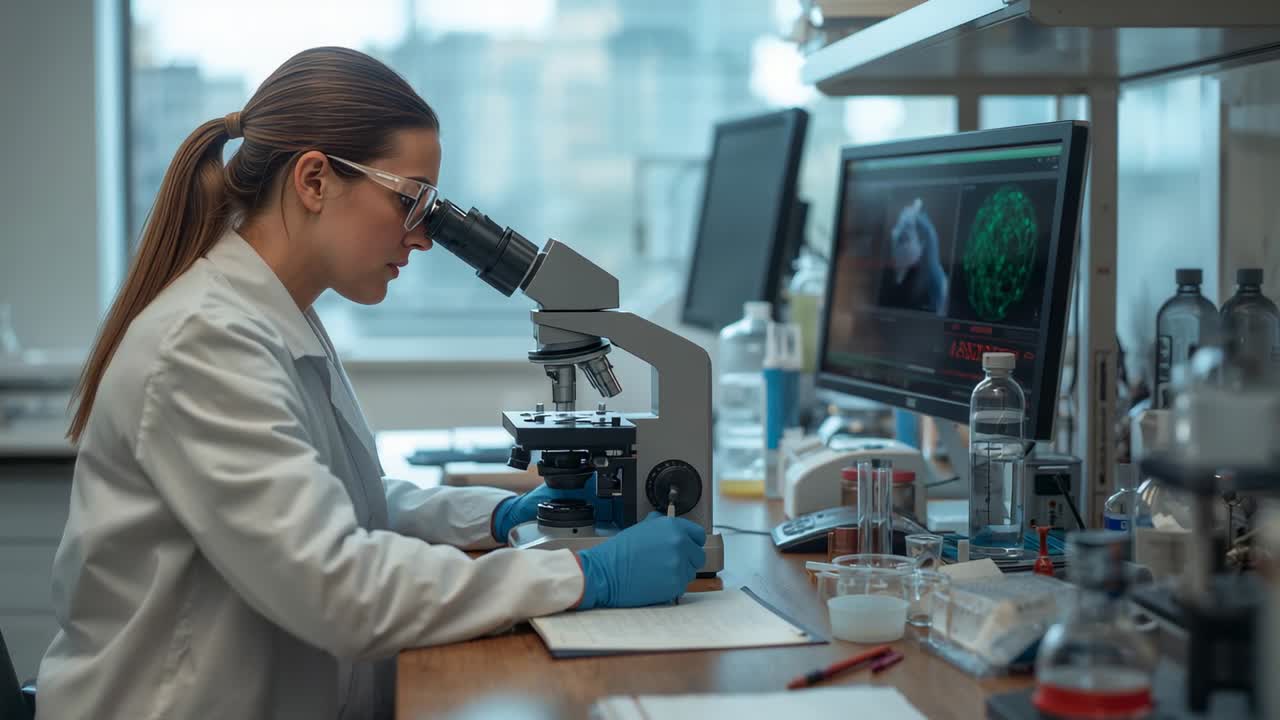 Leaning researcher in lab coat, gloves adjusting microscope focus at lab bench consulting monitor