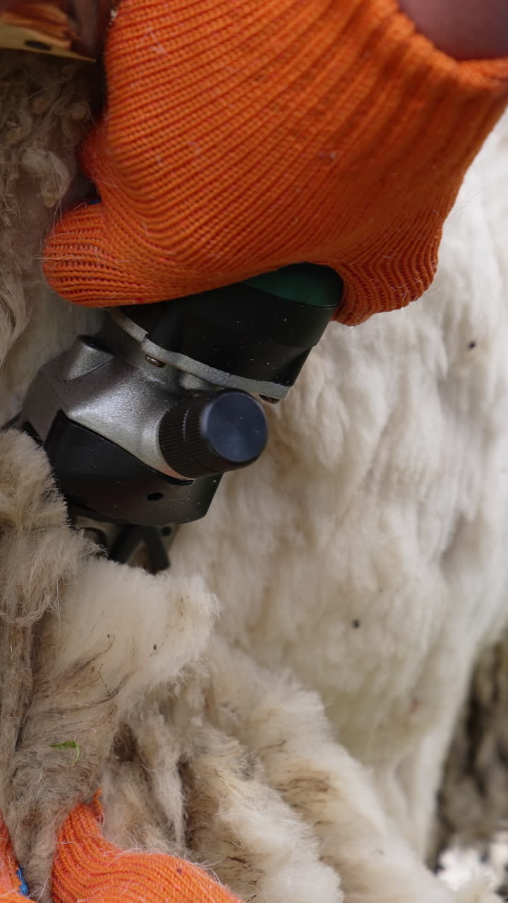 Farmer's hands in gloves shearing sheep. Electric clipper is cutting wool from the sheep. Close-up. Ecological production of wool. Vertical video