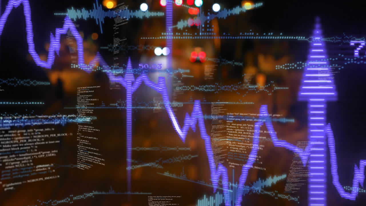 animación de ondas sonoras, gráficos, códigos y señales de flecha hacia arriba sobre coches que se mueven en la calle iluminada