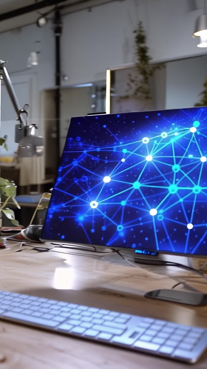 Dynamic workspace showcasing a futuristic digital interface with glowing nodes and connections on a computer screen amidst a cozy indoor plant setting