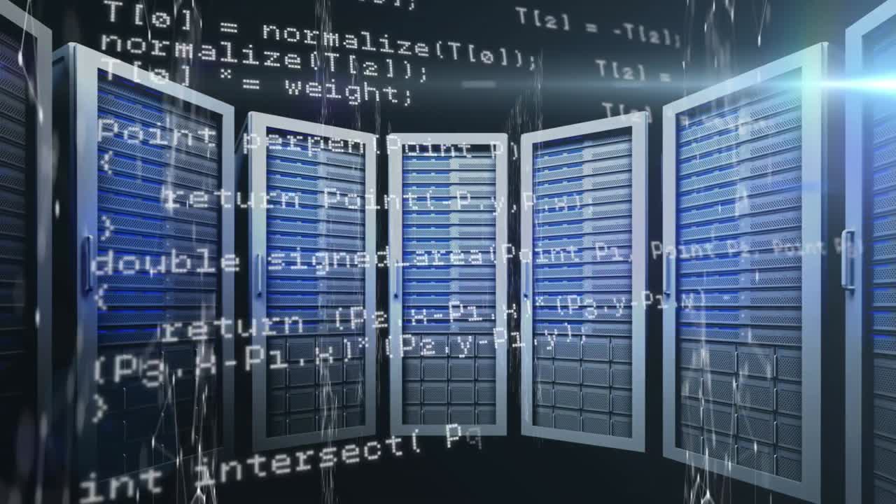 animación del procesamiento de datos y formas sobre la sala del servidor