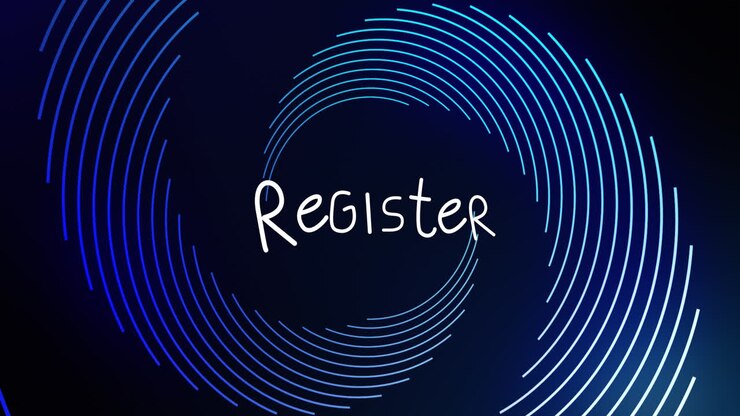 Animación de un banner de texto "regístrate" sobre estelas de luz brillantes y giratorias contra un fondo azul