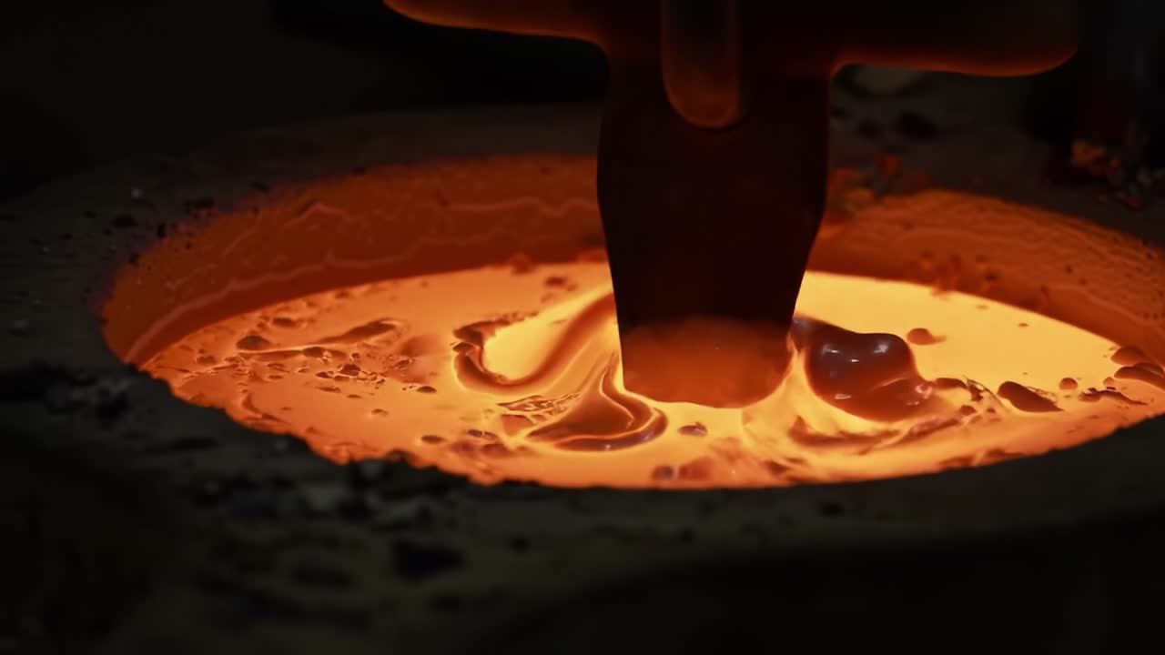 Molten Metal Being Poured Into a Mold During Casting Process at an Industrial Foundry