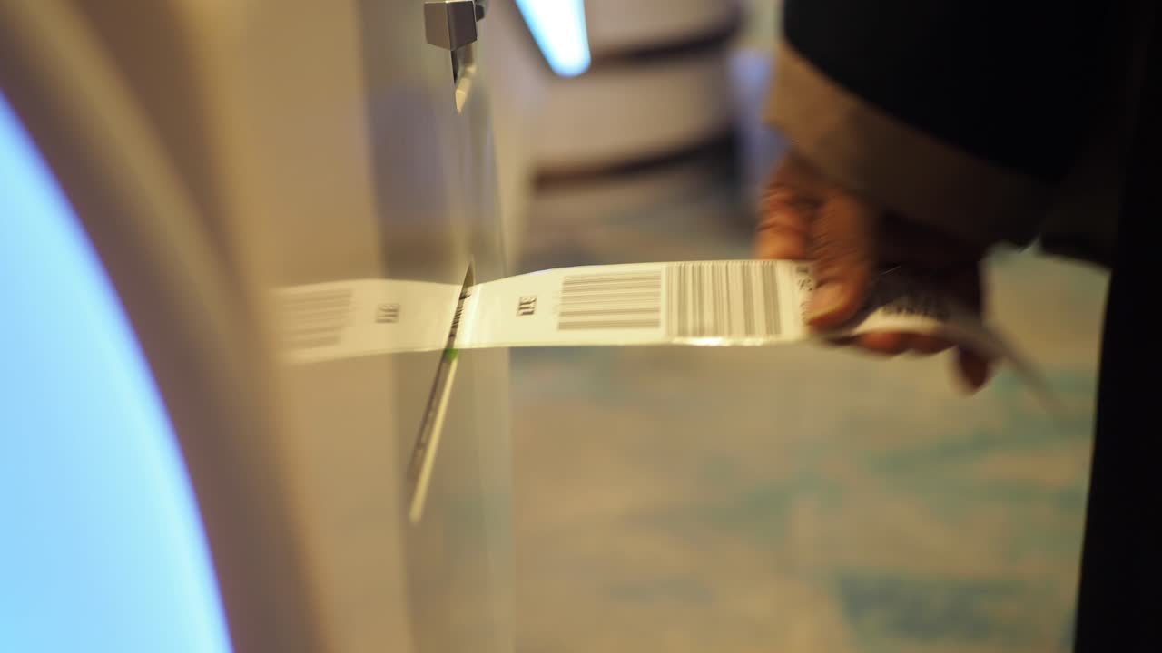 Mano che estrae l'etichetta del bagaglio stampata da una macchina self-service