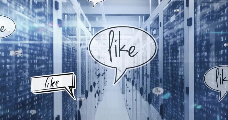 Animation of social media icons and data processing over computer servers