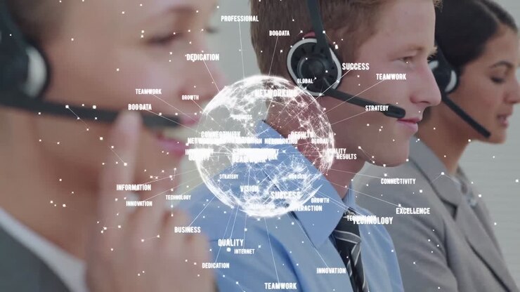 Animation of globe and connections over business people wearing headsets