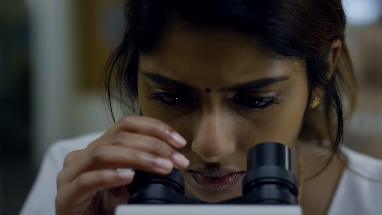 Close-up of a woman looking through a microscope in a lab