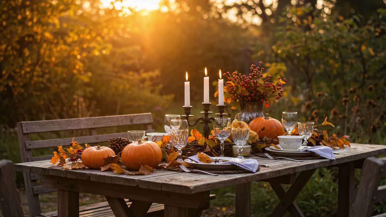 Allestimento tavola accogliente per cena autunnale all'aperto al tramonto.