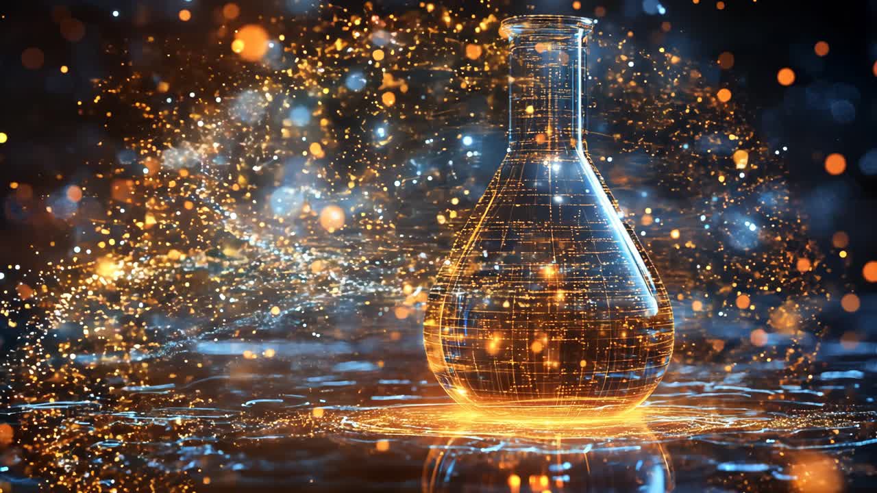 A glass vase with a glowing light inside of it. The light is reflected in the water and the surrounding area. The image has a dreamy, ethereal quality to it