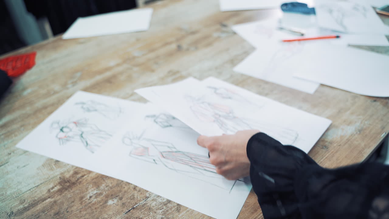 Hands of a tailor putting papers with stylish sketches on the table. Modern creative works of a fashionable designer is sorting by a seamstress in atelier.