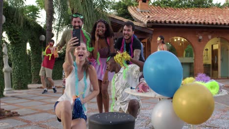 Friends Celebrating at a Lively Outdoor Carnival Party