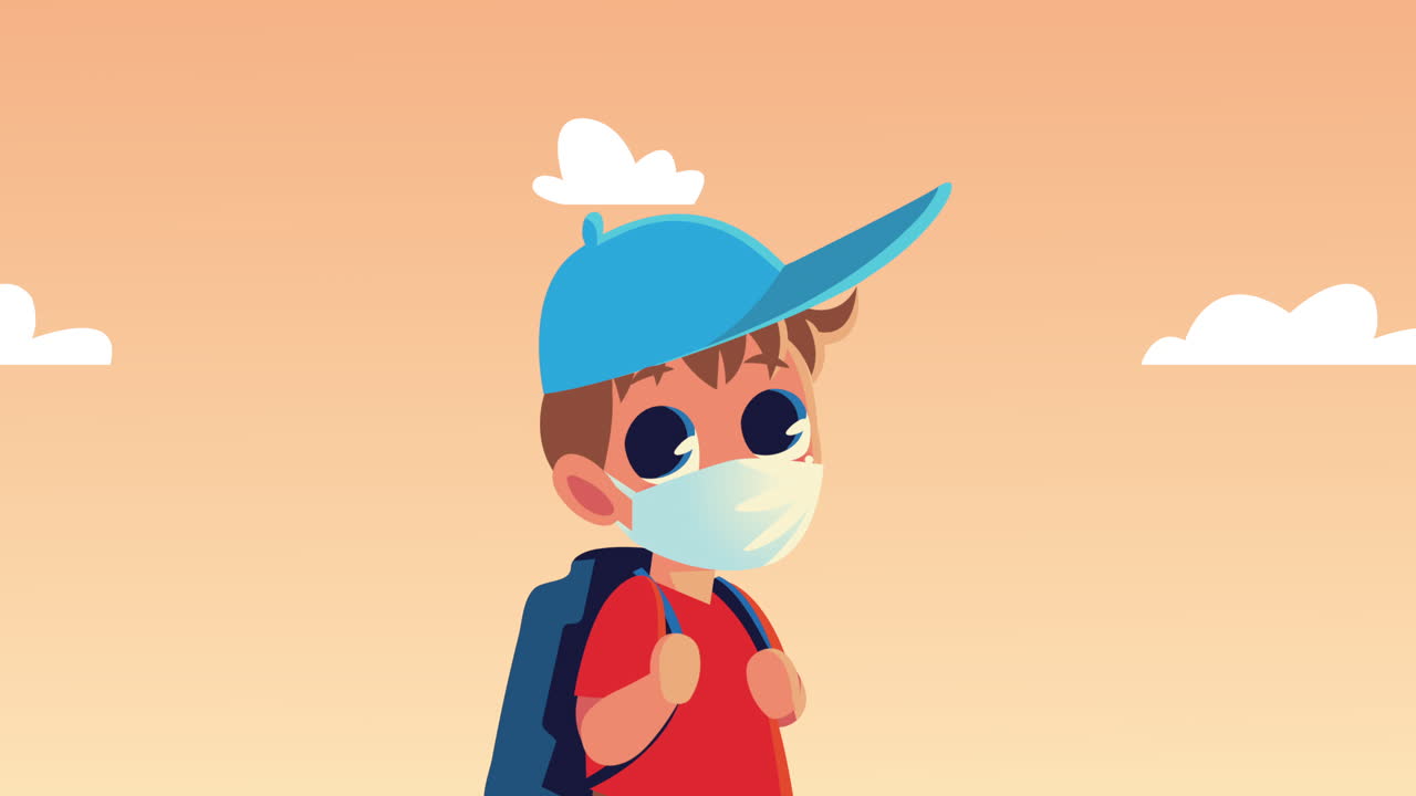 niño estudiante con máscara médica y personaje de gorra