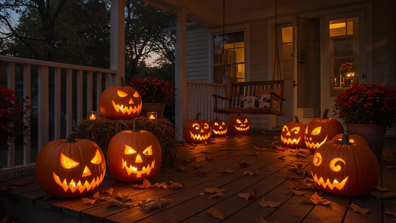 Halloween Decorated Porch with Glowing Jack-o'-Lanterns