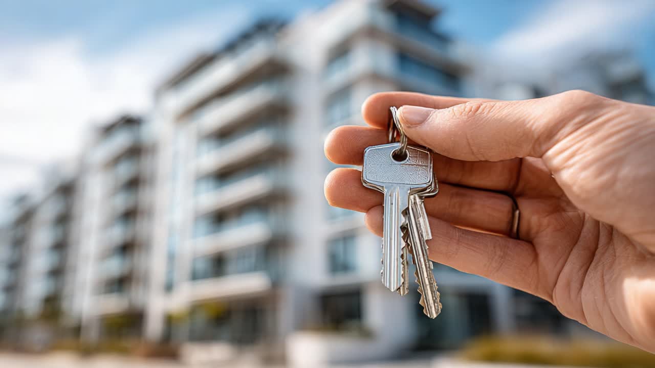 Una mano sosteniendo un juego de llaves frente a un moderno edificio de apartamentos, simbolizando nuevos comienzos, la propiedad y la emoción de mudarse a un nuevo hogar