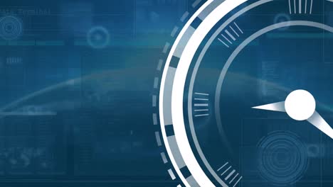 animación del reloj de tic-tac a través de la interfaz con escáneres redondos y procesamiento de datos contra el globo