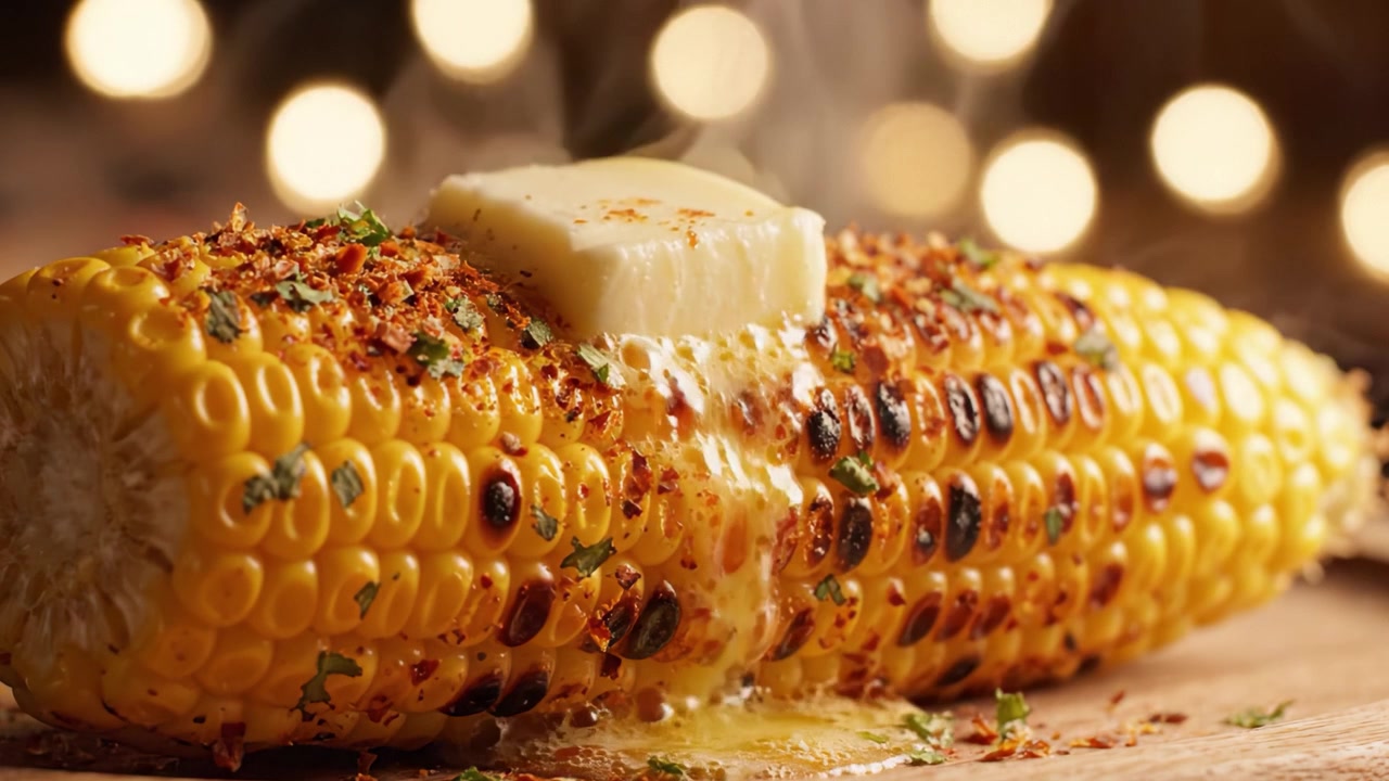 Delicious Grilled Corn on the Cob with Butter, Herbs, and Spices, Exuding Flavor and Aroma in a Rustic Setting Surrounded by Warm Bokeh Lights