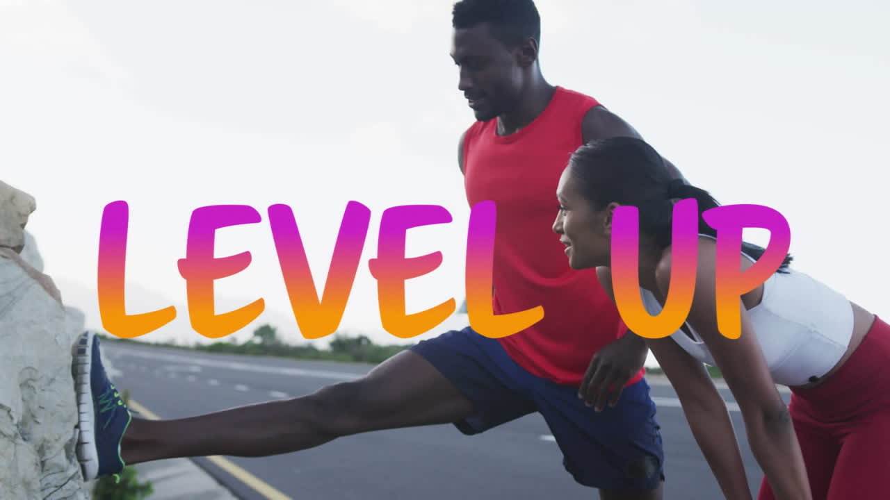 Animation of the words level up in pink and orange over coiuple exercising on mountain road