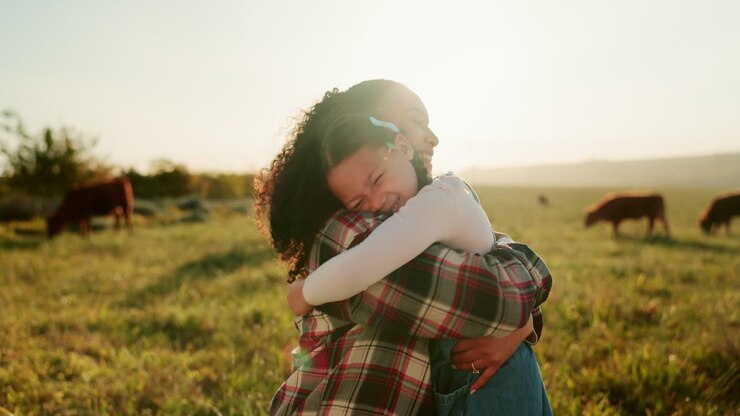 Agricoltura, mucche e madre che abbraccia il bambino