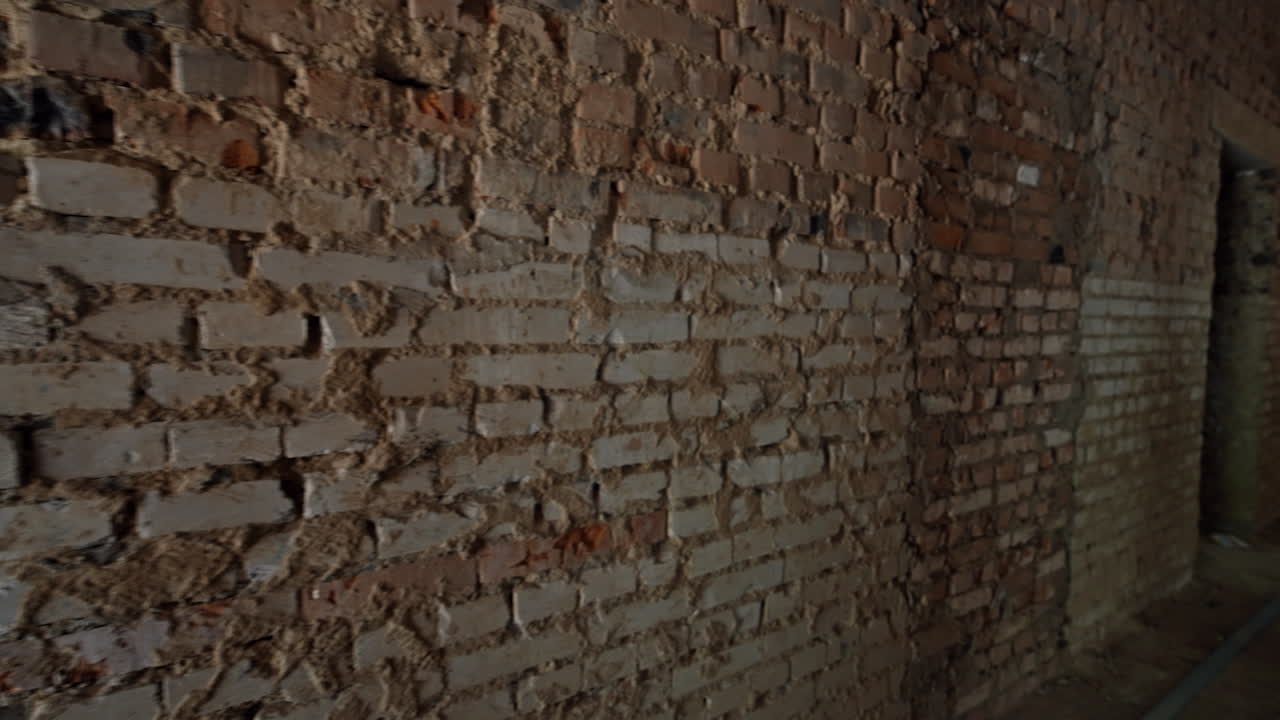 Interior of the old shabby house with brick walls. Large building under the renovation.