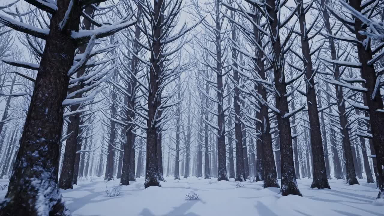 A serene winter forest with snow-covered trees. Captured from a low-angle, this video