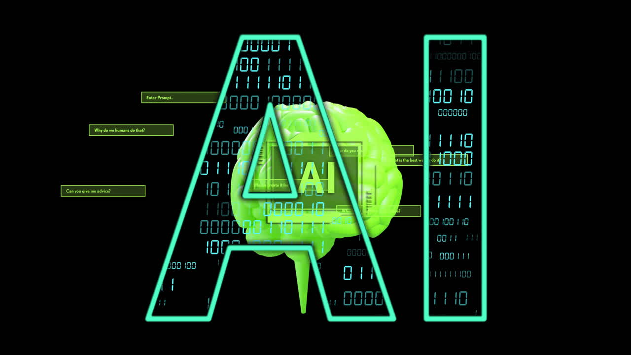 Animation of ai text, brain and data processing over black background