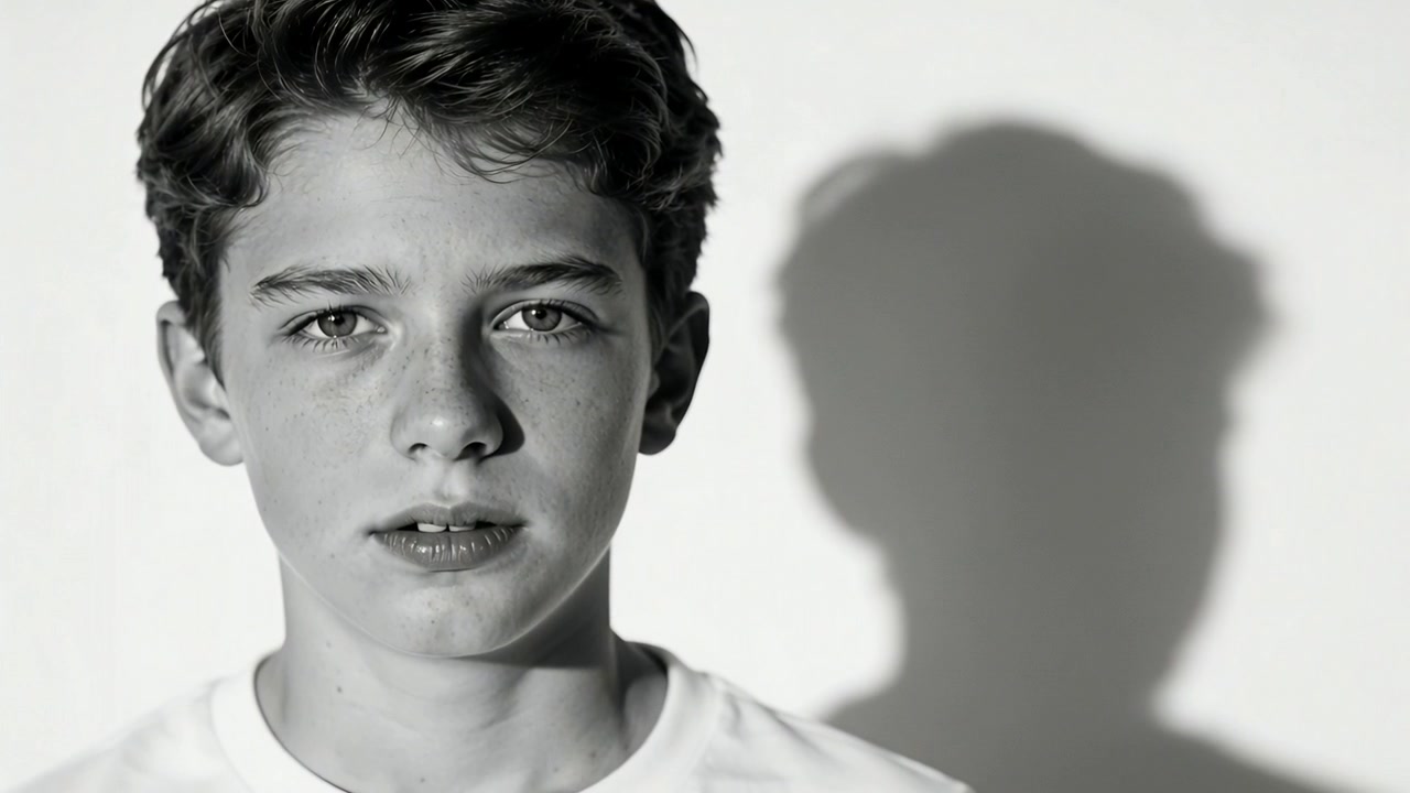Reacting teen male squinting, blinking to bright light at plain wall, in white tee casting shadow