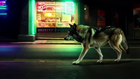 wolf walking down a neon-lit city street at night