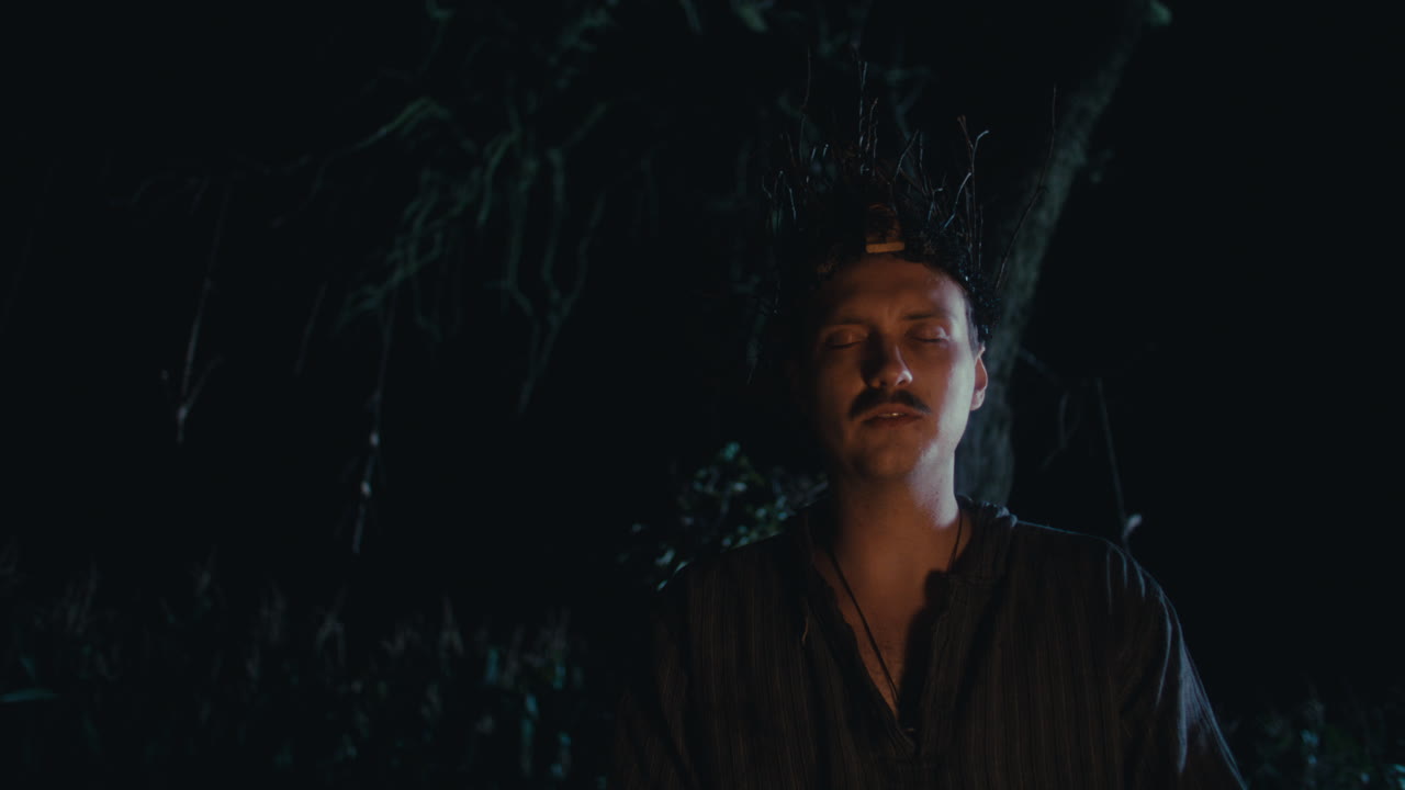 Man with Branch Headpiece in a Night Ritual