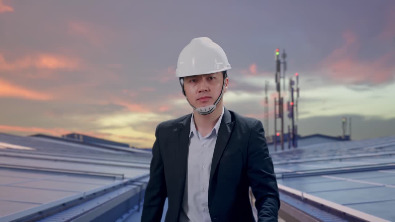Frontbillede af asiatisk forretningsmand, der går og tjekker klokken på sit ur på et industrielt tag med solpaneler.