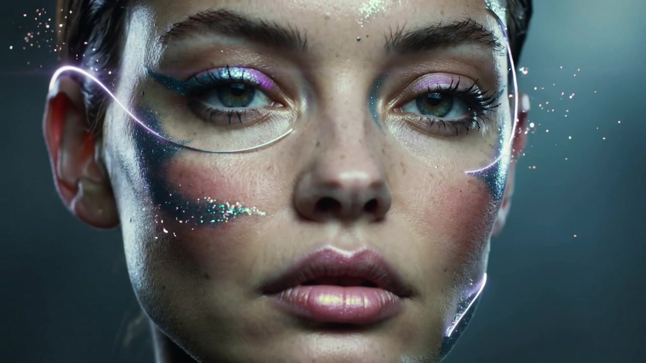 Emerging left, luminous ribbon tracing across model face in studio, enhancing teal makeup glitter