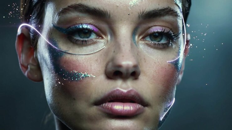Emerging left, luminous ribbon tracing across model face in studio, enhancing teal makeup glitter