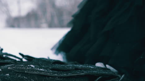 feathers of phoenix bird costume on snow in winter forest