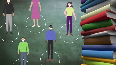 animation of people icons social distancing and books spinning on board background