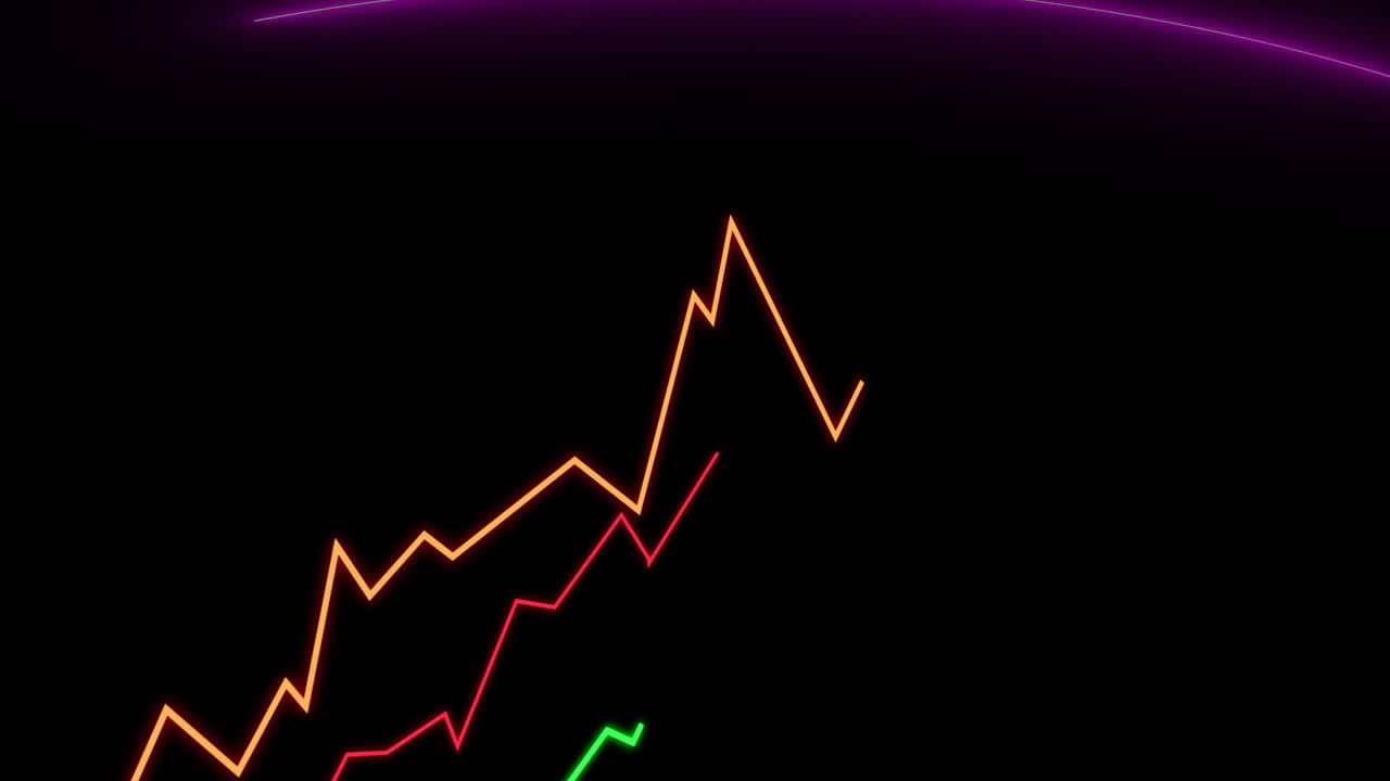 Animazione di linee di grafici finanziari in aumento su sfondo scuro con arco viola