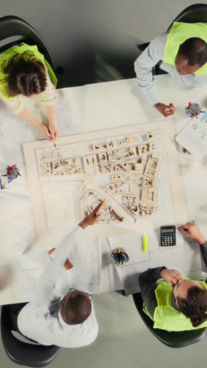 Vertical Video Top down view zoom in of diverse colleagues consulting on a master plan