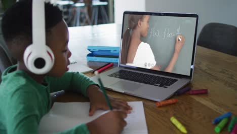 Niño-Afroamericano-Sentado-En-El-Escritorio-Usando-Una-Computadora-Portátil-Teniendo-Una-Lección-Escolar-En-Línea