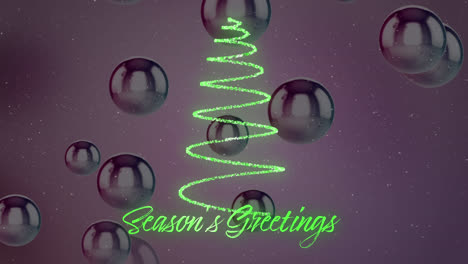 Animation-of-snow-falling-over-season's-greetings-text-and-christmas-tree-formed-with-shooting-star