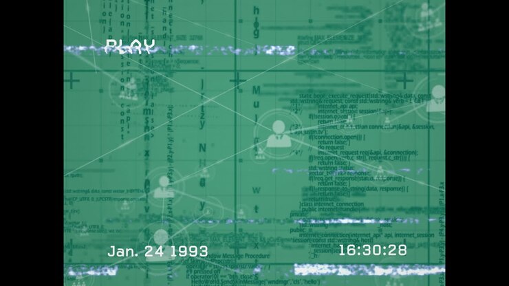 Animation of screen with digital interface, network of connections and data processing with glitch