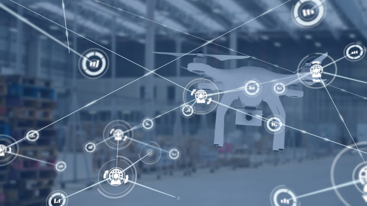 드론과 창고를 통해 아이콘으로 연결된 네트워크의 애니메이션